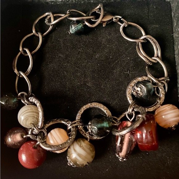 Silver and burgundy Charm Bracelet with Polished glass Beads - Picture 2 of 6